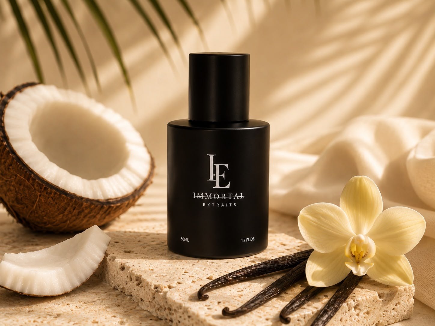 Coco Vanille on sunlit stone with a split coconut, vanilla pods and a vanilla orchid under palm shadows.