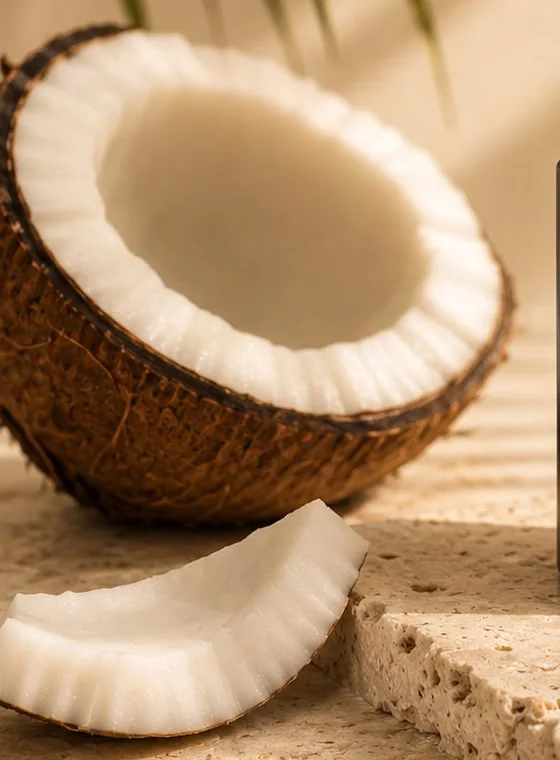 A split coconut, its white flesh catching the light.