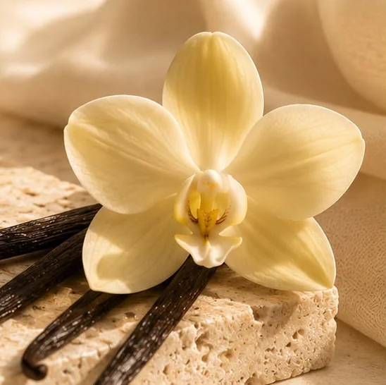 A pale yellow vanilla orchid resting on vanilla pods.