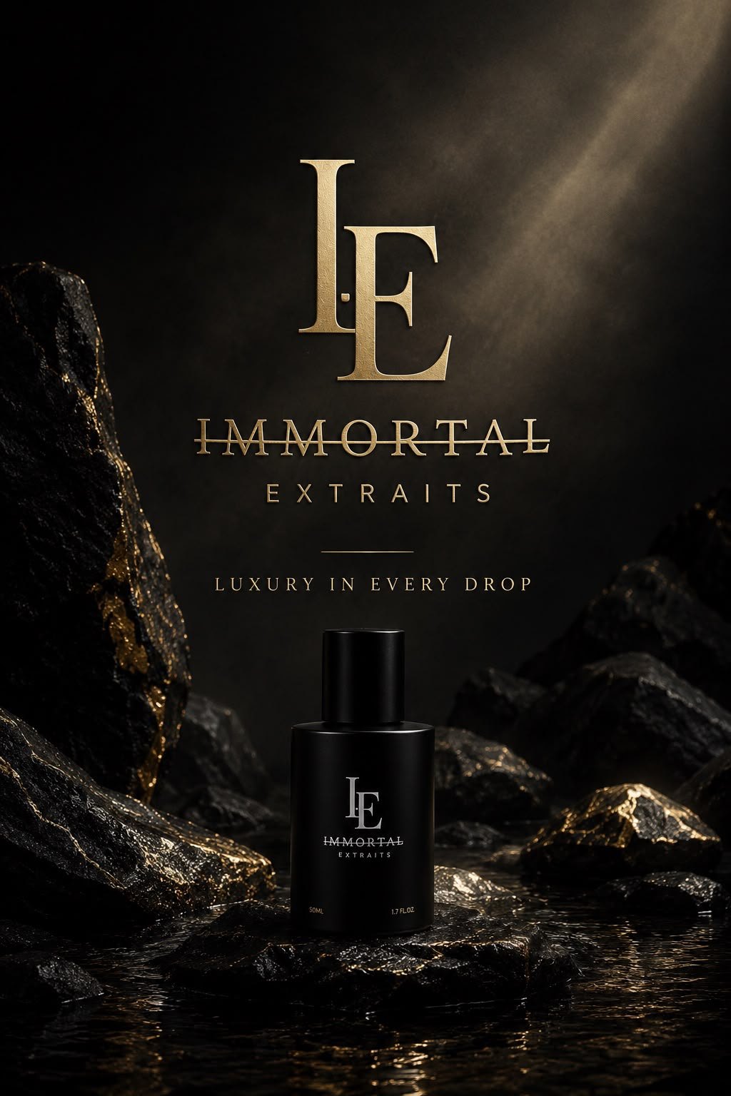 The Immortal Extraits monogram in gold, with the word Immortal struck through, lit by a beam of light.