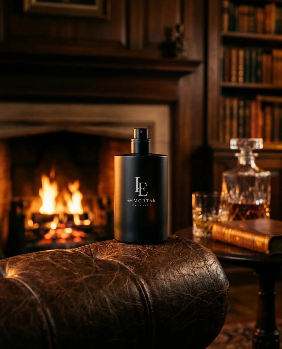 The next Immortal Extraits bottle on the arm of a leather armchair by a library fire.