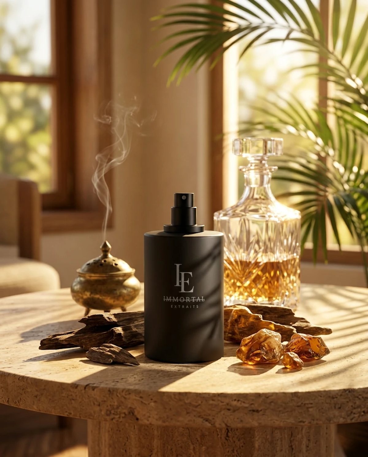 The next Immortal Extraits bottle in warm sunlight beside a brass incense burner, oud wood and amber.